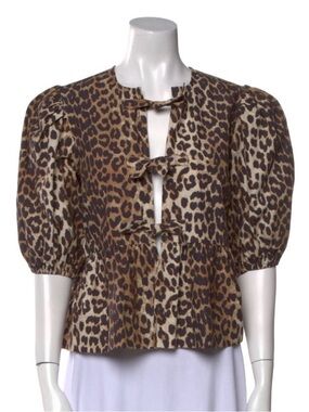 Ganni Leopard Print Tie-Front Puff Sleeve Top - Brown